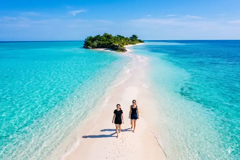 Crystal clear water and sandbars at Sibuan Island with Asia Rainforest Resort near Semporna and the marine park