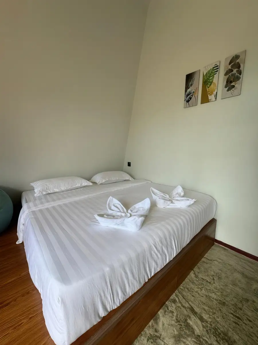 A relaxing deluxe bedroom at Asia Rainforest Resort in the Semporna islands showcasing a large bed, modern style wall art, smooth concrete floors, and air conditioning